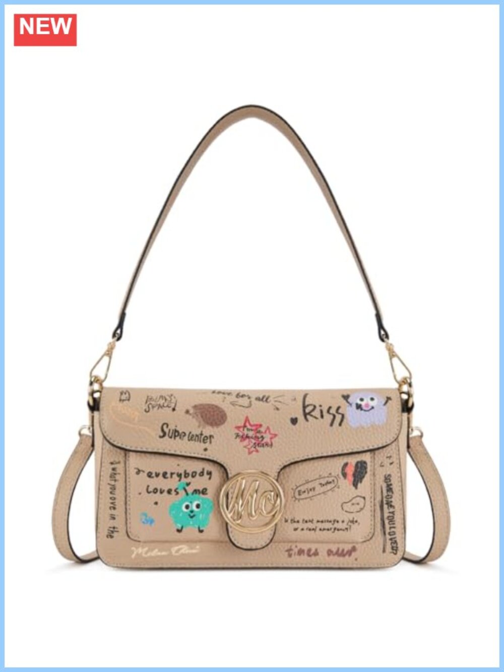Pebbled PU Leather Crossbody Bag Y2K Graffiti Small Shoulder Purse Detachable